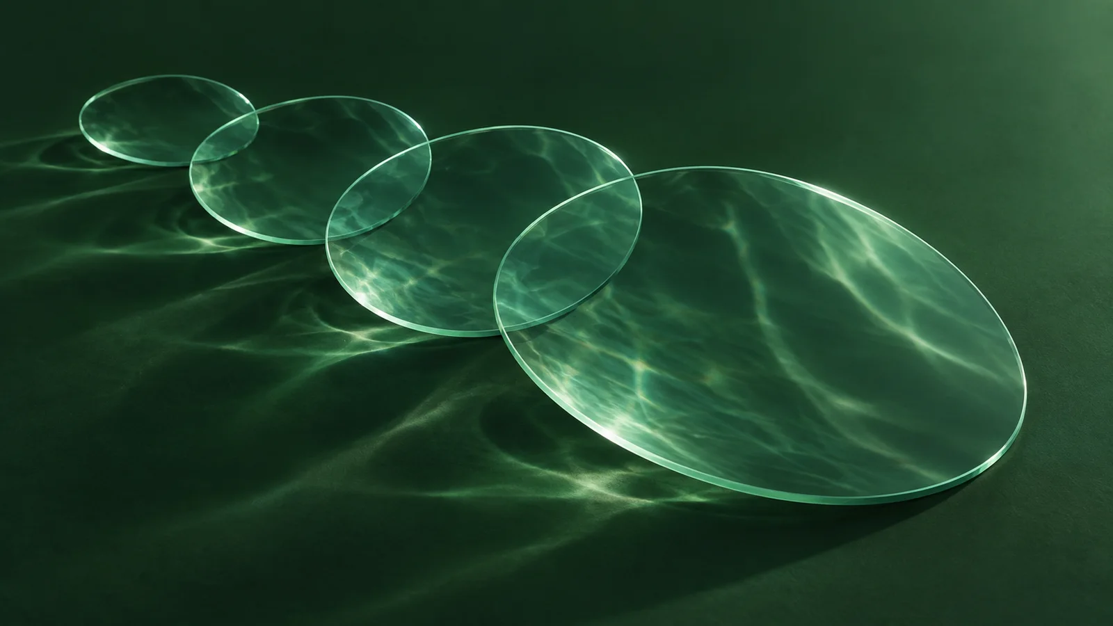 Overlapping sea-green glass discs with luminous mint edges against deep green