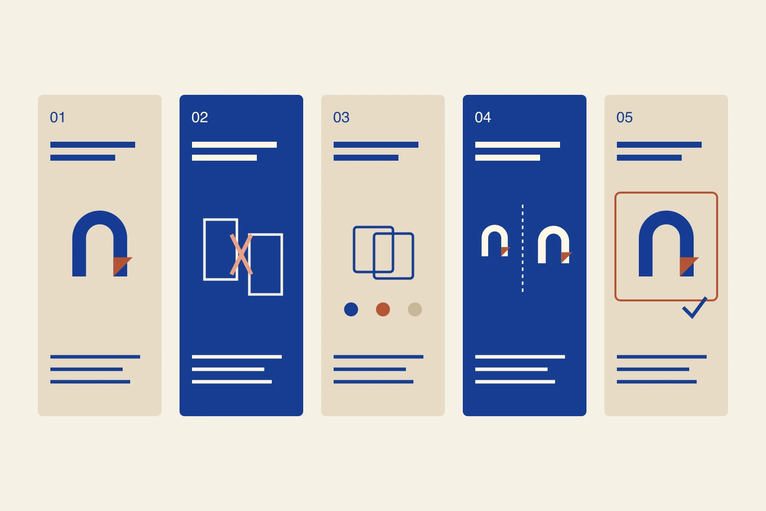 Five numbered carousel layout studies with consistent margins and a recurring arch symbol