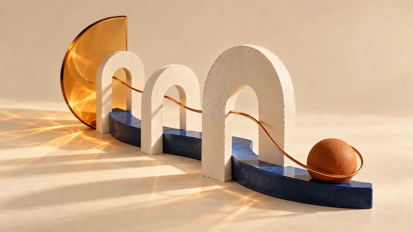 Ivory paper arches follow a curved cobalt path threaded by a copper line