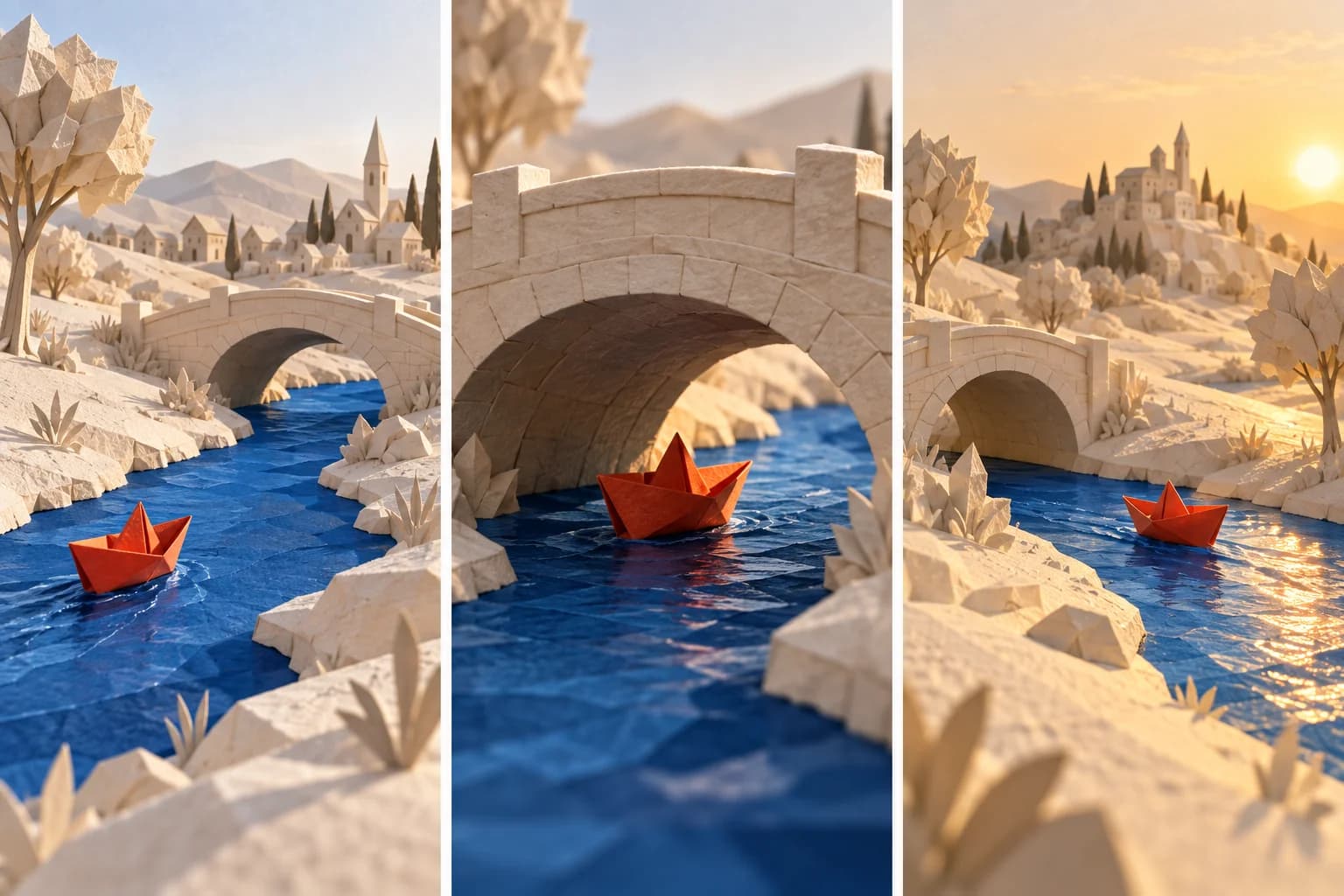 Three illustrative views of a terracotta paper boat approaching, passing beneath and leaving a bridge