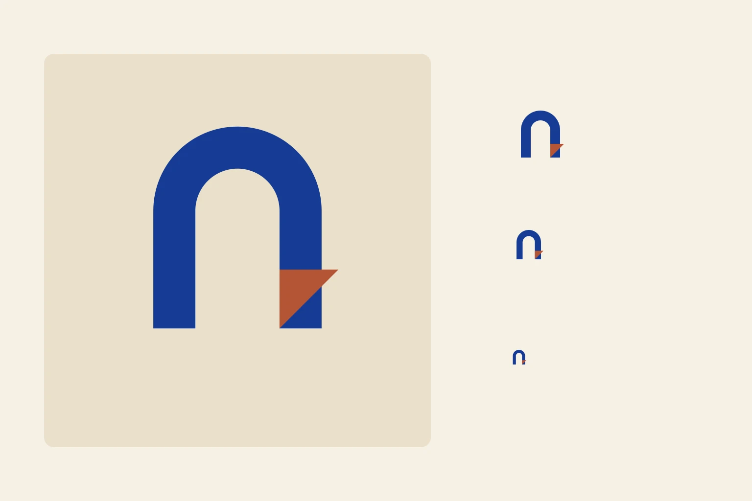 An original geometric arch-and-fold logo shown at several sizes