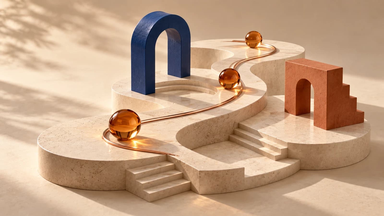 An ivory miniature landscape with a cobalt arch, copper path and amber glass collectibles