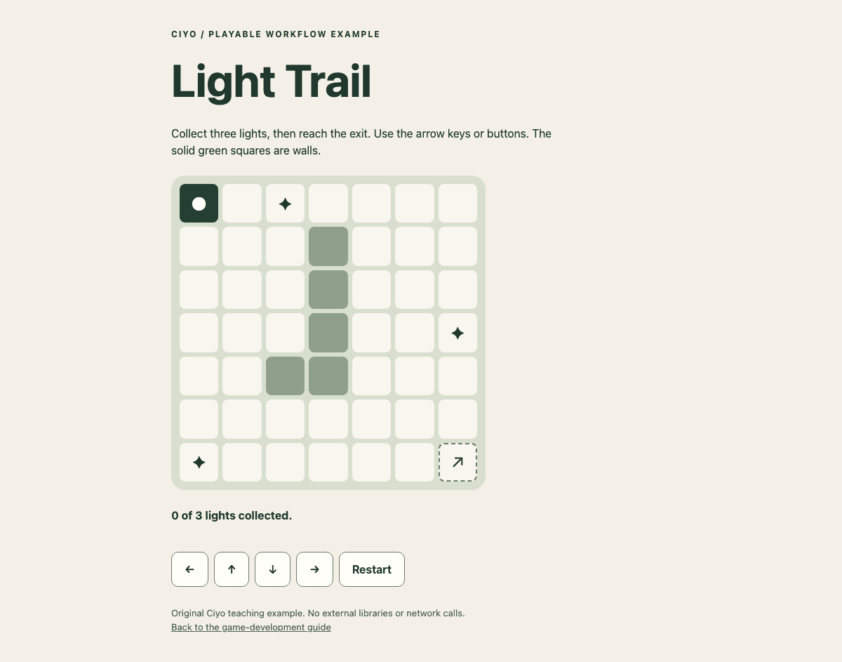 Light Trail browser starter with a grid, player, three collectibles and arrow controls