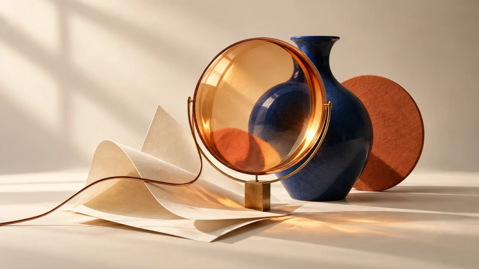 An amber lens refracts cobalt and terracotta forms arranged with folded ivory paper