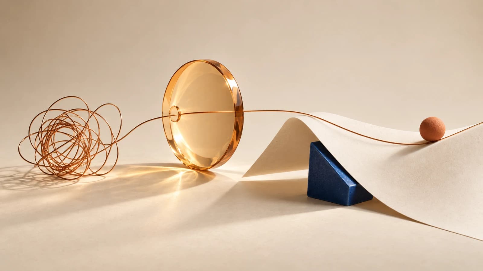 A copper filament passes through an amber aperture and resolves into a clean line along folded paper