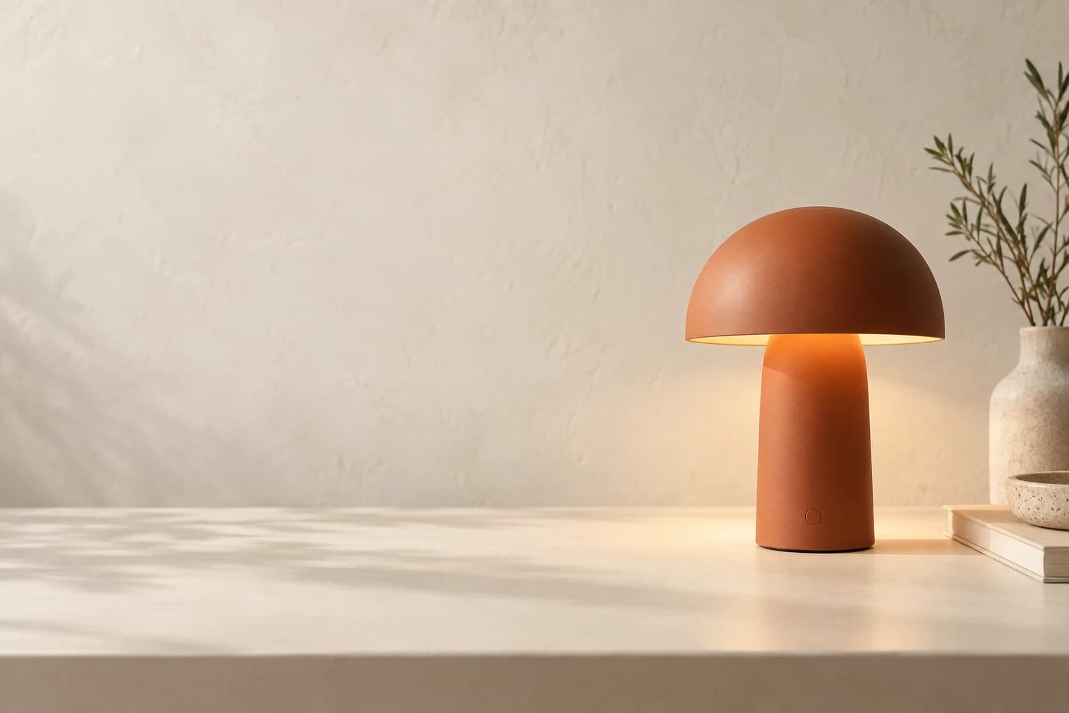 Illustrative terracotta desk lamp on an ivory surface, placed at the right with space for campaign copy on the left