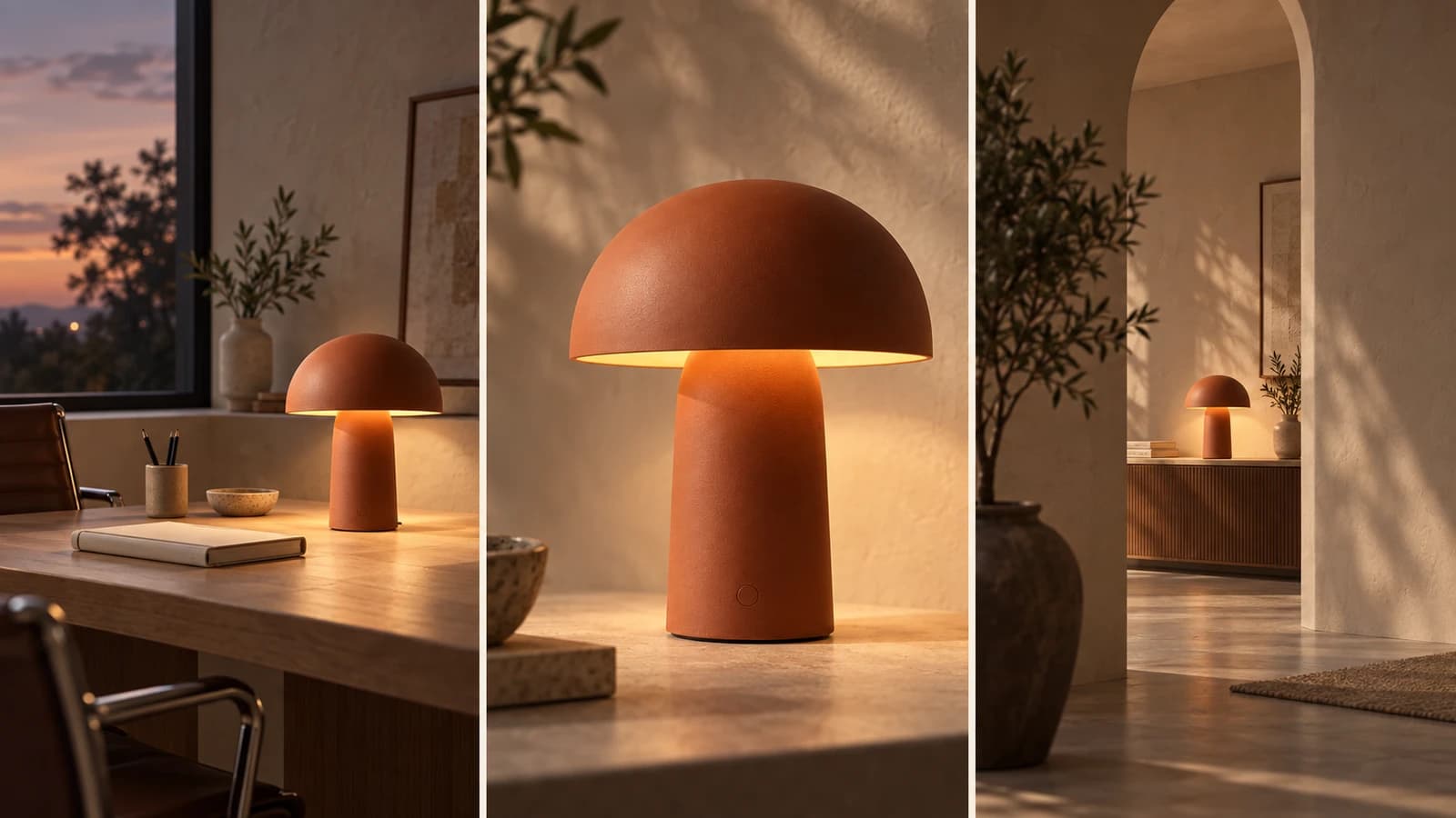 Three cinematic views of the fictional Still lamp: a room establishing shot, a product close-up and a closing architectural composition