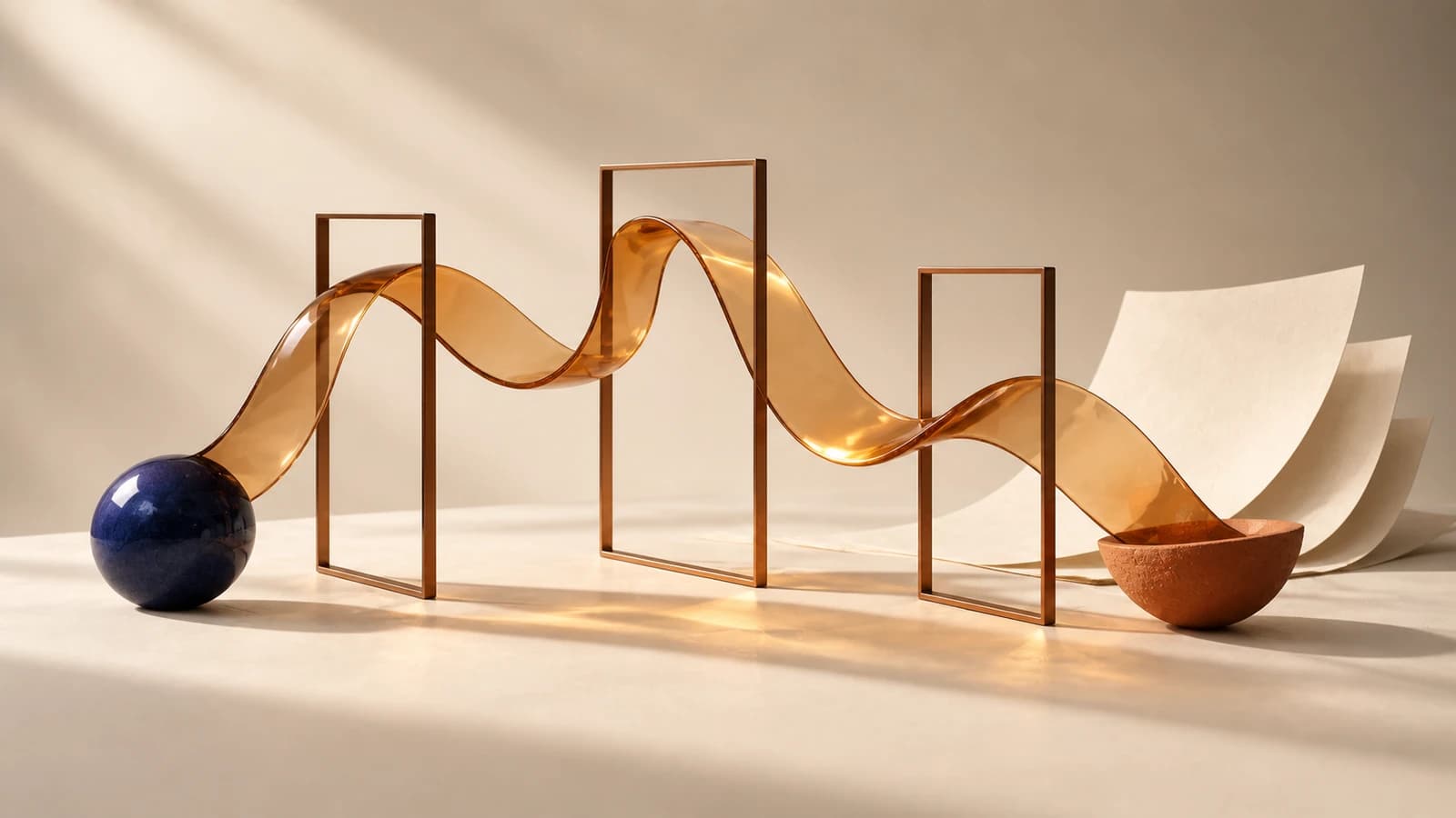 An amber glass ribbon curves through brass frames, suggesting successive moments in a film