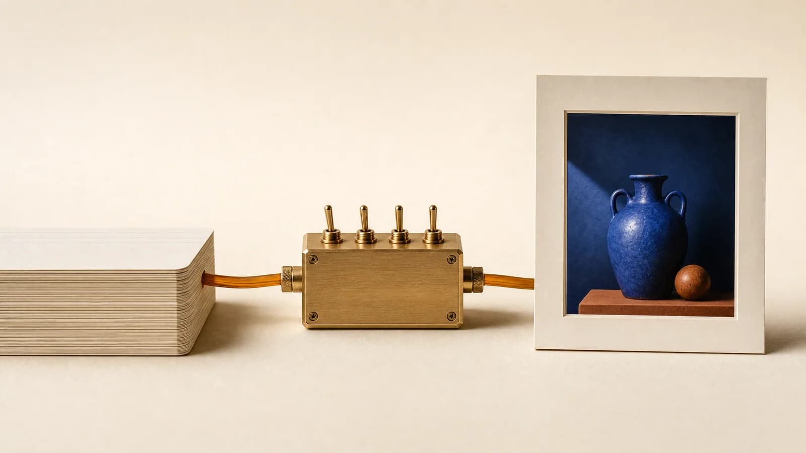 A brass connector block joins an amber cable from a stack of paper cards to a small framed still-life photograph.