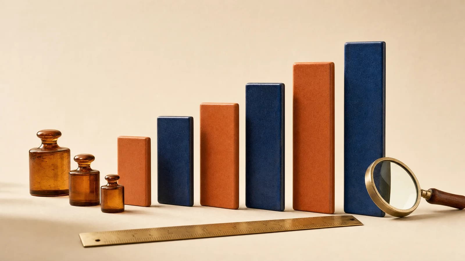 A brass ruler, graduated amber glass weights, and a row of ceramic tiles of rising height sit on a warm ivory surface like a bar chart.