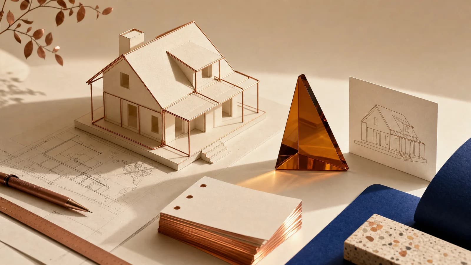 مجسم منزل صغير من الورق والأسلاك فوق طاولة رسم، بينما يُسقط منشور زجاجي كهرماني حدوده على بطاقة بيضاء.