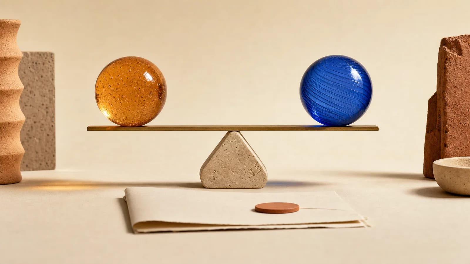 A brass balance beam holds an amber glass sphere and a cobalt glass sphere at equal height on a warm ivory surface.