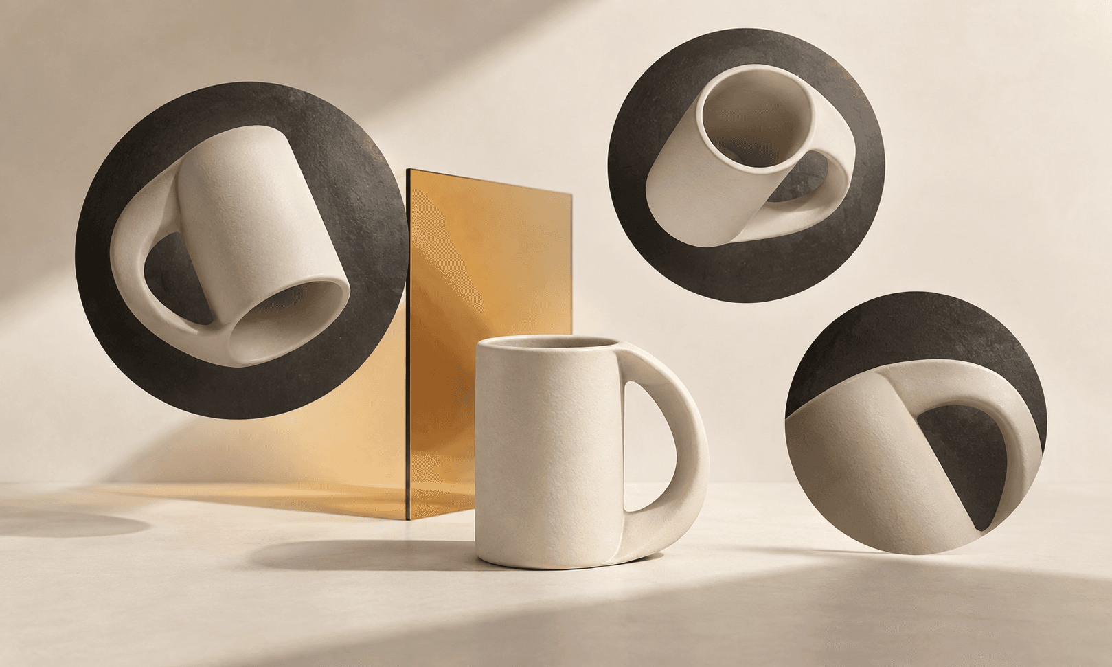 An ivory ceramic form framed by floating charcoal apertures and amber glass