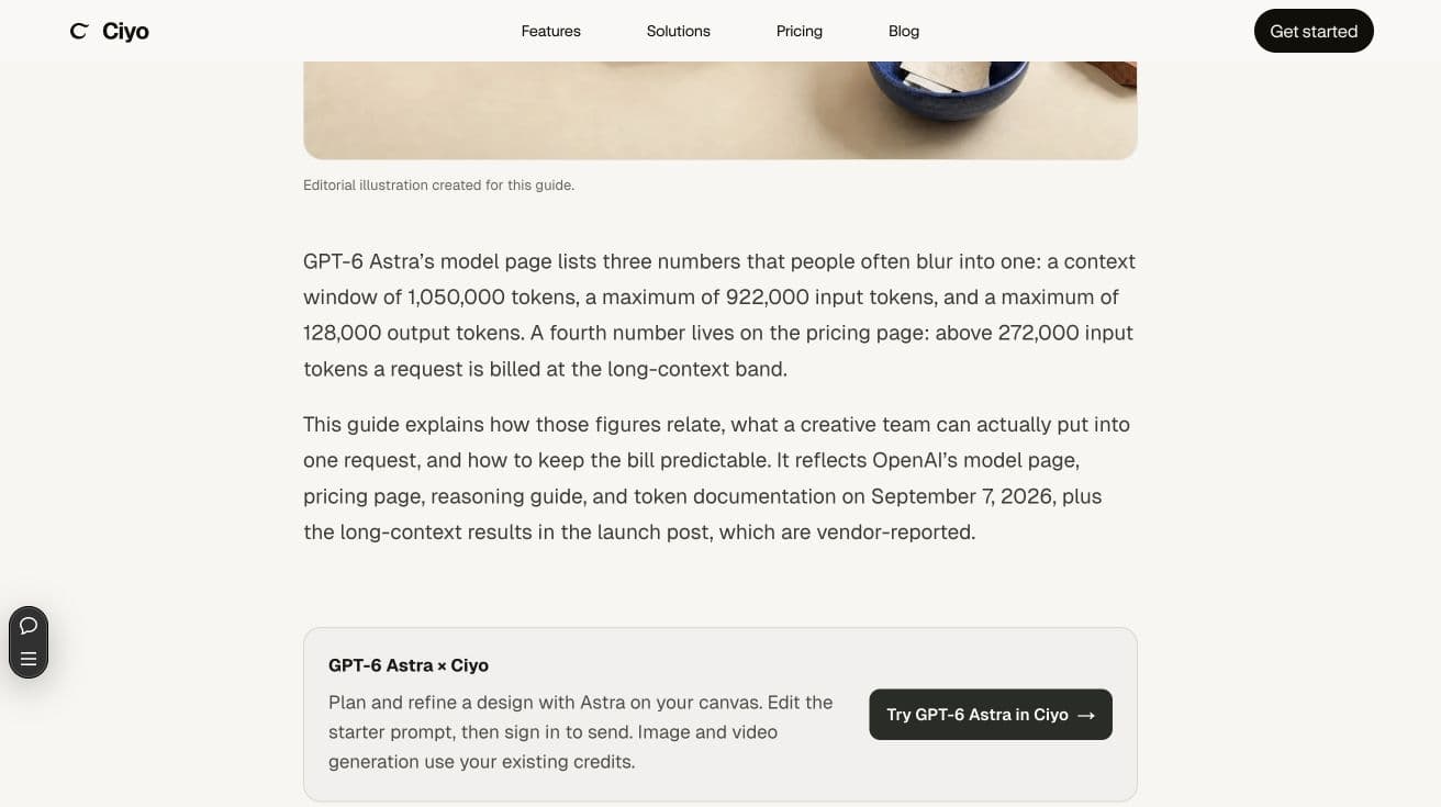 Ciyo article page showing an editable GPT-6 Astra entry link and a Ciyo canvas