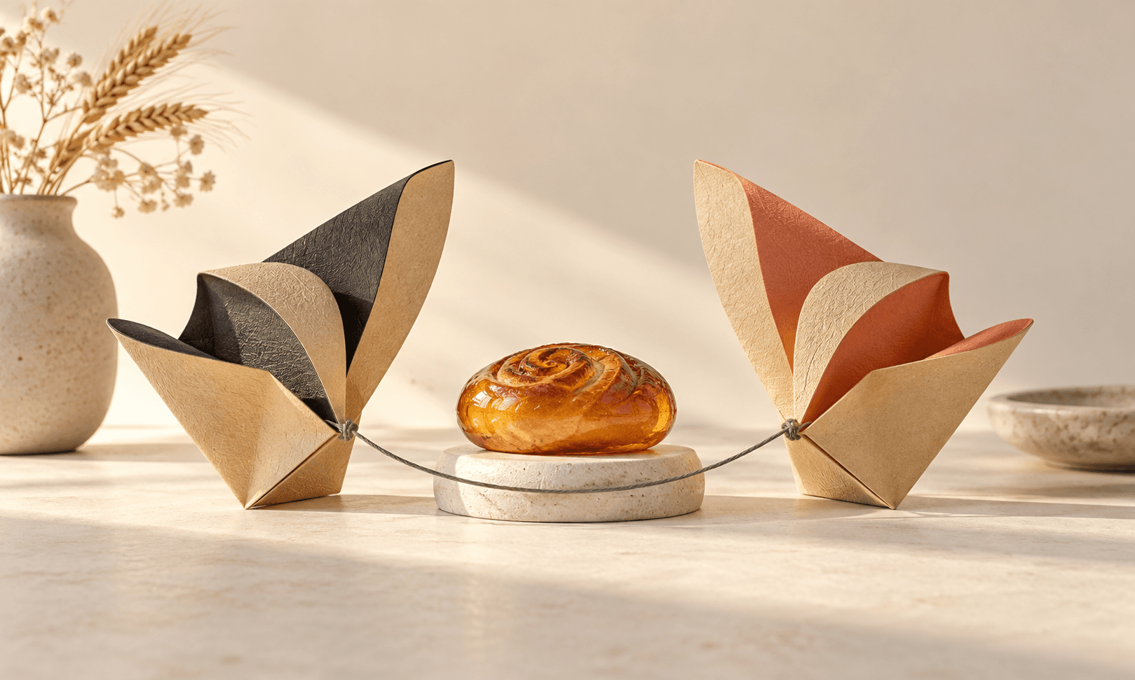 Folded paper forms beside a warm amber pastry-like sculpture