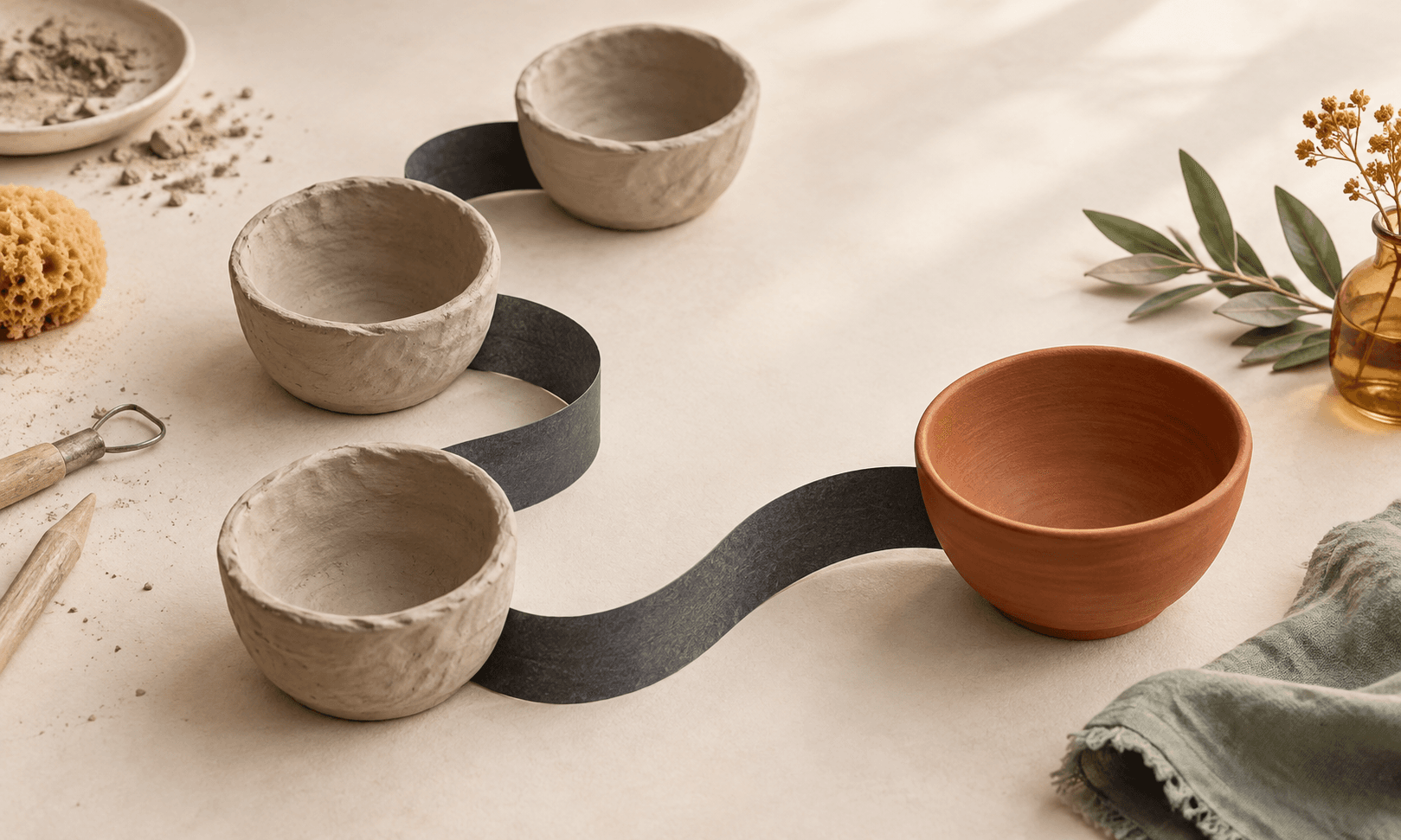 Terracotta clay forms and a white bowl arranged with folded paper