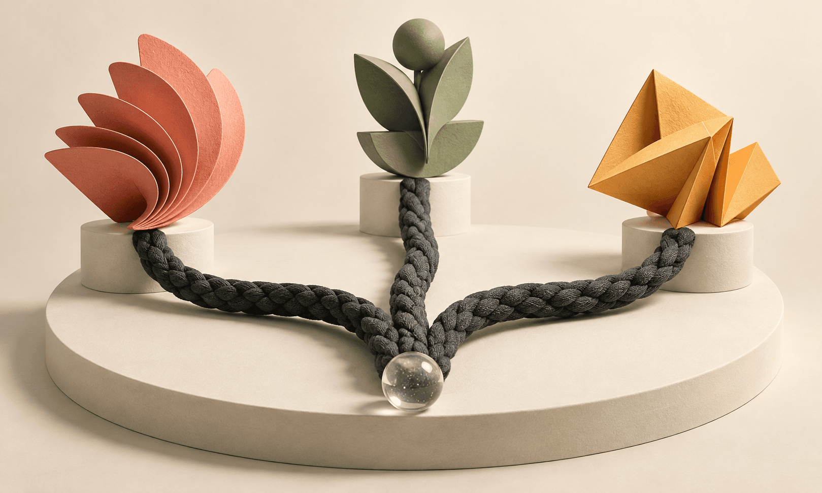 Three braided charcoal paths branch from a glass sphere toward coral, sage and amber paper forms
