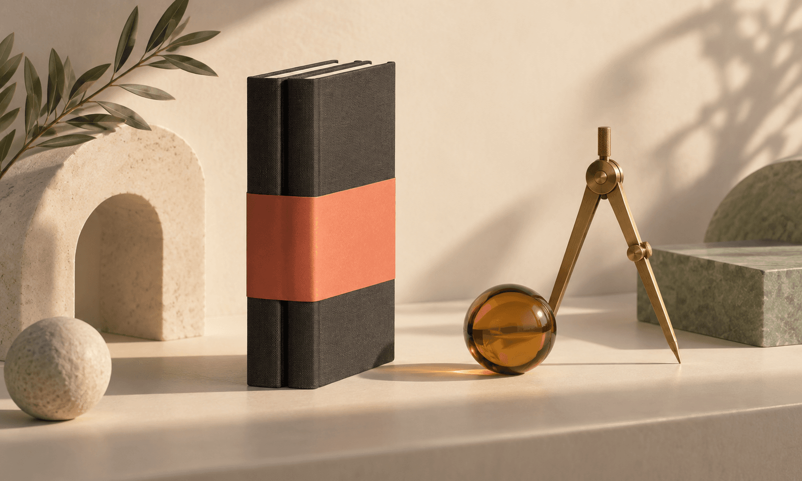 كتابان فحميان مع أشكال ورقية مرجانية وكهرمانية على خلفية عاجية