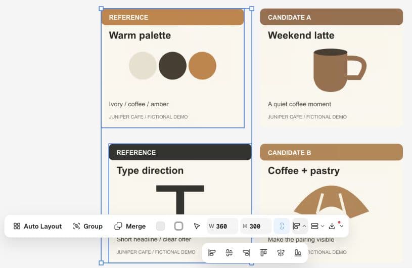 Two reference cards selected in Ciyo with the Align options expanded in the multi-selection toolbar