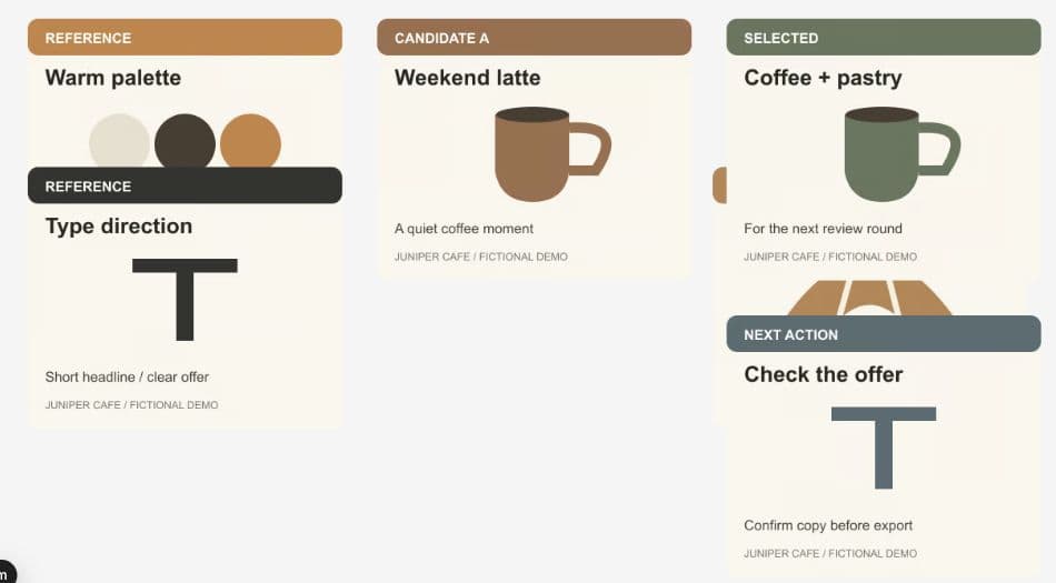 Six Juniper Cafe planning cards with references and draft concepts partly overlapping on the Ciyo canvas