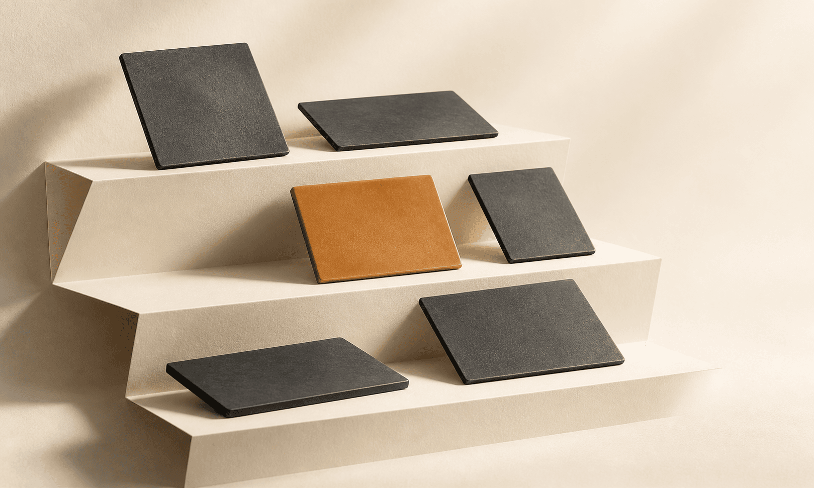 Charcoal and amber tiles arranged on folded ivory shelves
