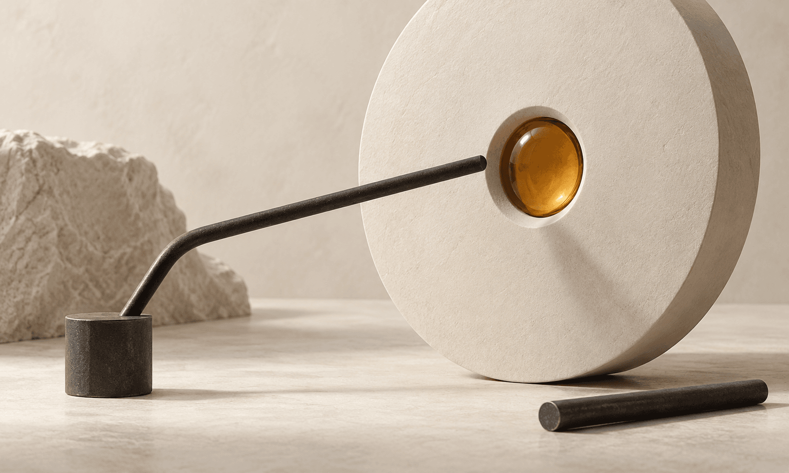 A charcoal rod points toward an amber inset in an ivory disc