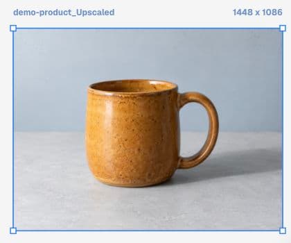 Returned mug image labeled demo-product_Upscaled with original dimensions