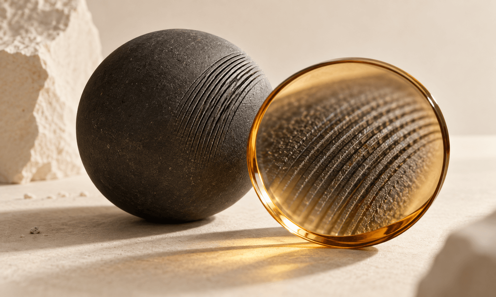 Etched charcoal sphere beside an amber glass magnifying form