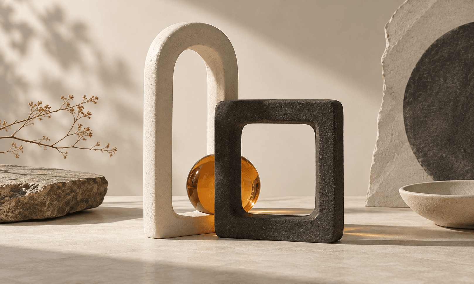 Square charcoal and tall ivory frames surround an amber glass orb
