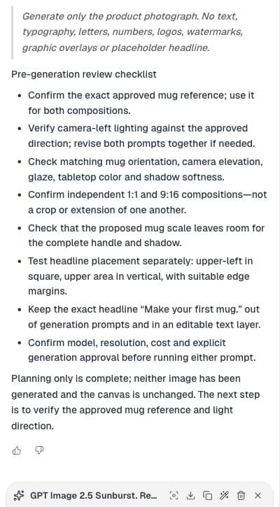 Actual Astra response lists checks for the shared mug reference, light direction, independent compositions and separate headline