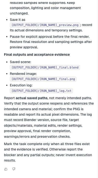 Actual Astra response specifies saved scene, rendered PNG, execution log and verified acceptance evidence