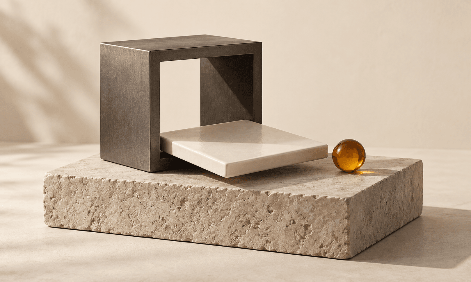 An ivory tile slides out of a graphite frame onto a stone plinth beside an amber sphere