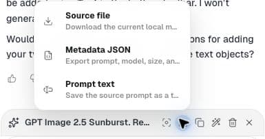 Ciyo's active asset menu offers Source file, Metadata JSON and Prompt text exports