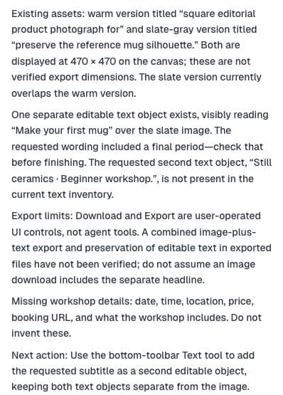 Astra handoff lists existing mug assets, editable text, unverified export behavior, missing workshop details and a next action