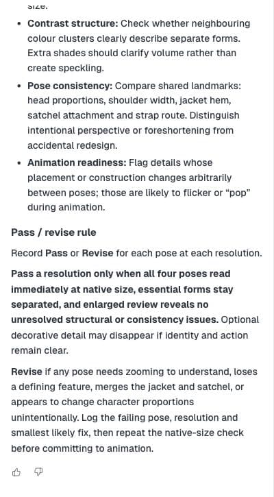 Actual Astra checklist gives pose-consistency checks and a pass-or-revise rule for each resolution
