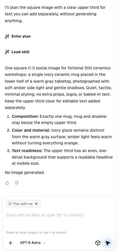 Ciyo returns the Still image brief with composition, material and text-readiness checks, and states that no image was generated