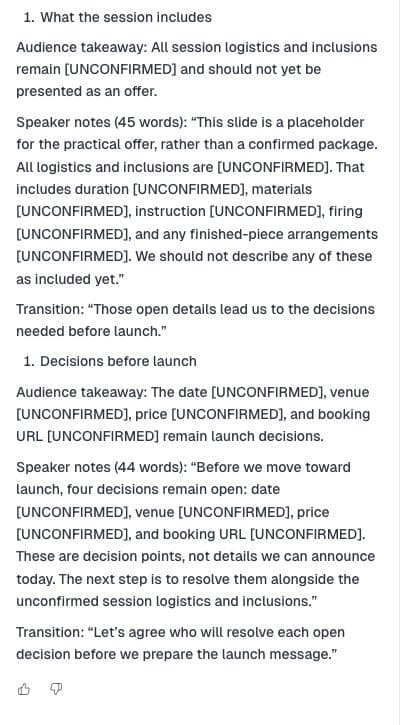 Actual Astra response drafts workshop speaker notes with unknown inclusions and launch decisions clearly marked