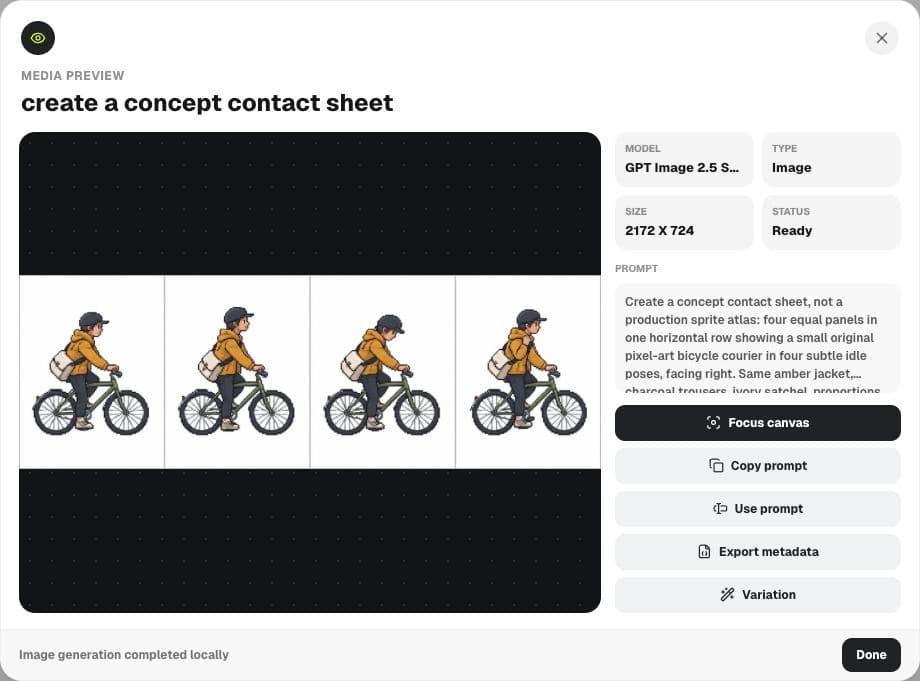 Actual Ciyo canvas displays the generated four-pose courier concept contact sheet