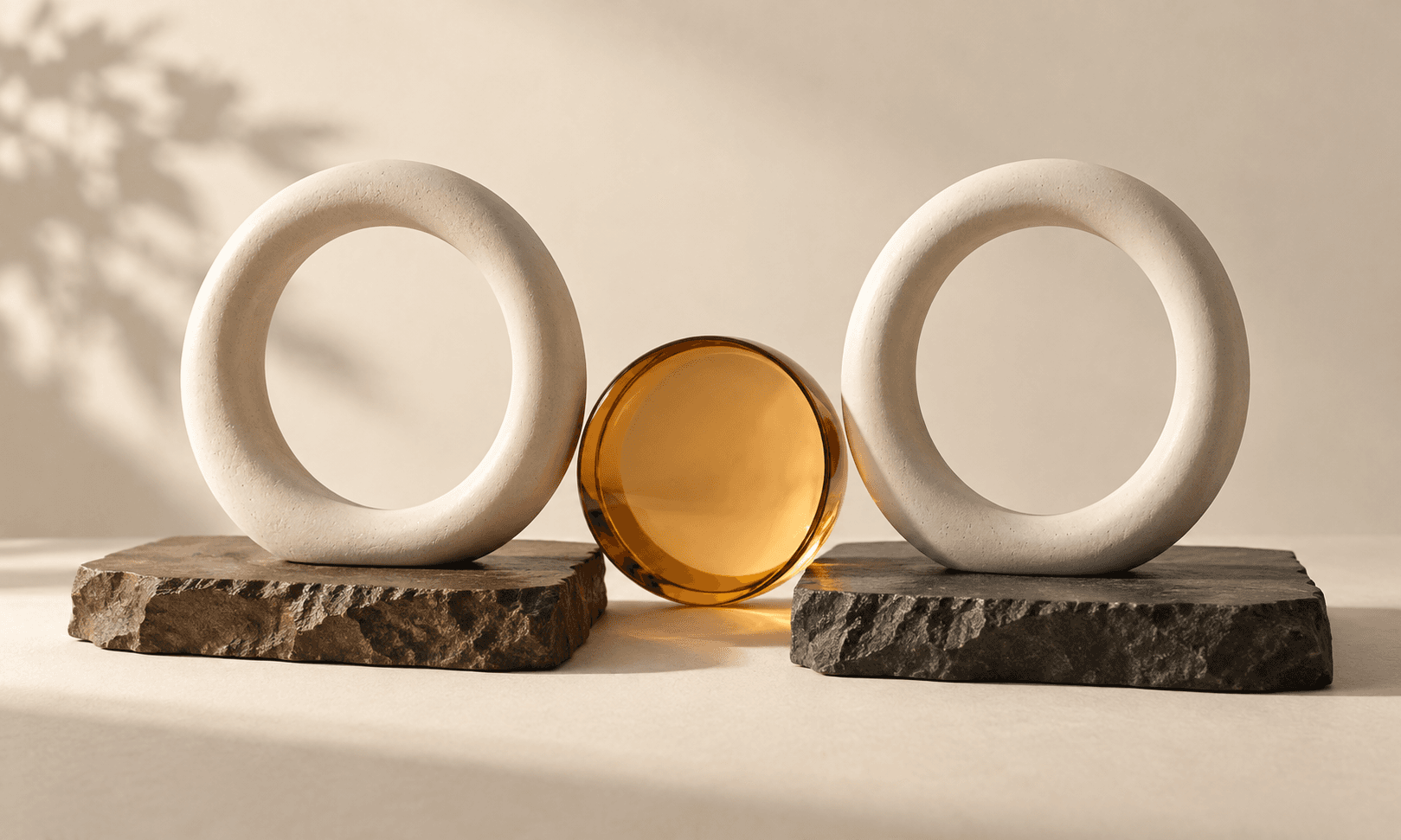 Two ivory ceramic rings stand on different stone slabs with an amber lens between them