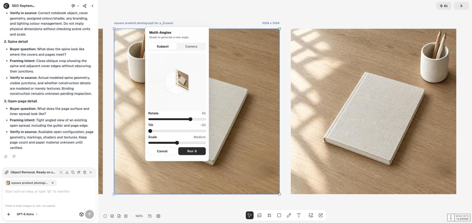 مساحة عمل Ciyo وفيها لوحة Multi-Angles مفتوحة فوق الصورة المحددة، وتعرض تبويبي Subject وCamera ومعاينة 3D وأشرطة تمرير Rotate وTilt وScale وزر Run مقابل 9 أرصدة