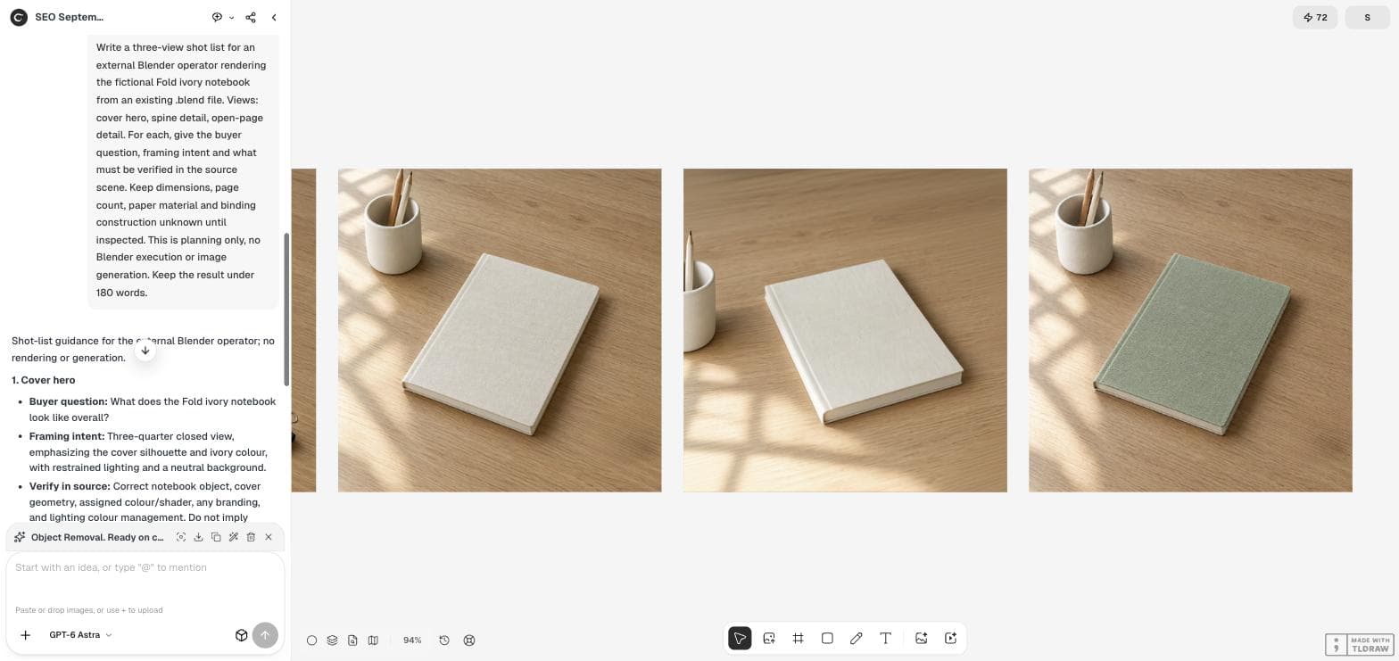 El espacio de trabajo de Ciyo con la petición de lista de planos para Blender en el panel del agente y fotos de producto en el lienzo