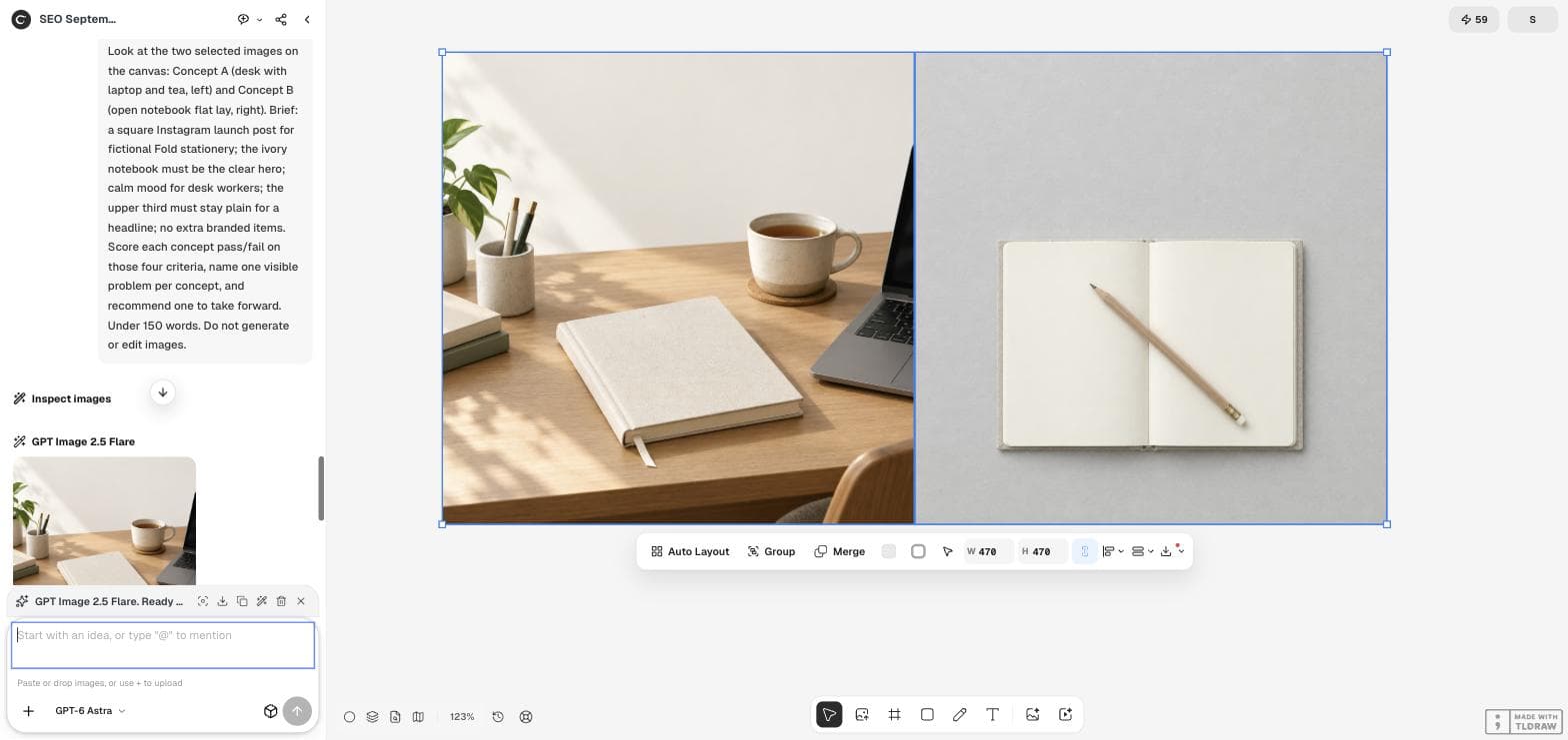 مساحة عمل Ciyo وفيها صورتا المفهومين محددتان على اللوحة، وطلب التقييم في لوحة الوكيل تليه خطوة Inspect images