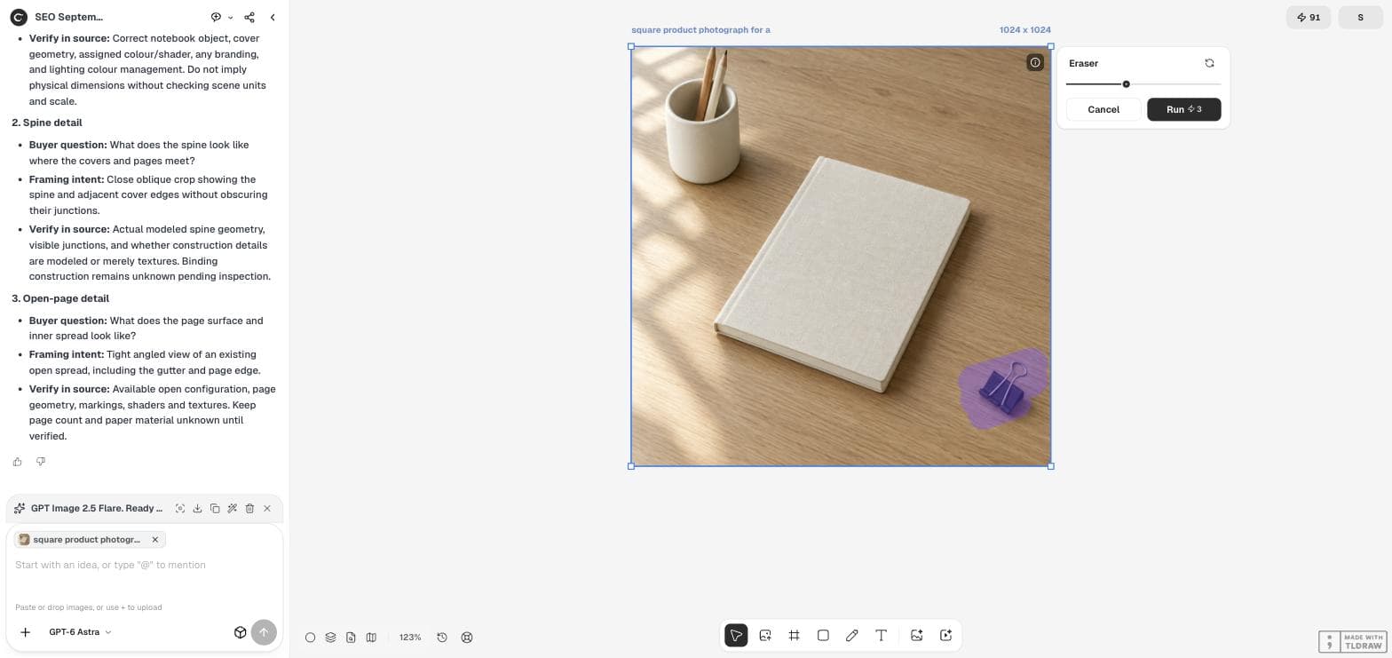 The Ciyo workspace with a purple Eraser mask over the binder clip and the Eraser panel showing Run for 3 credits