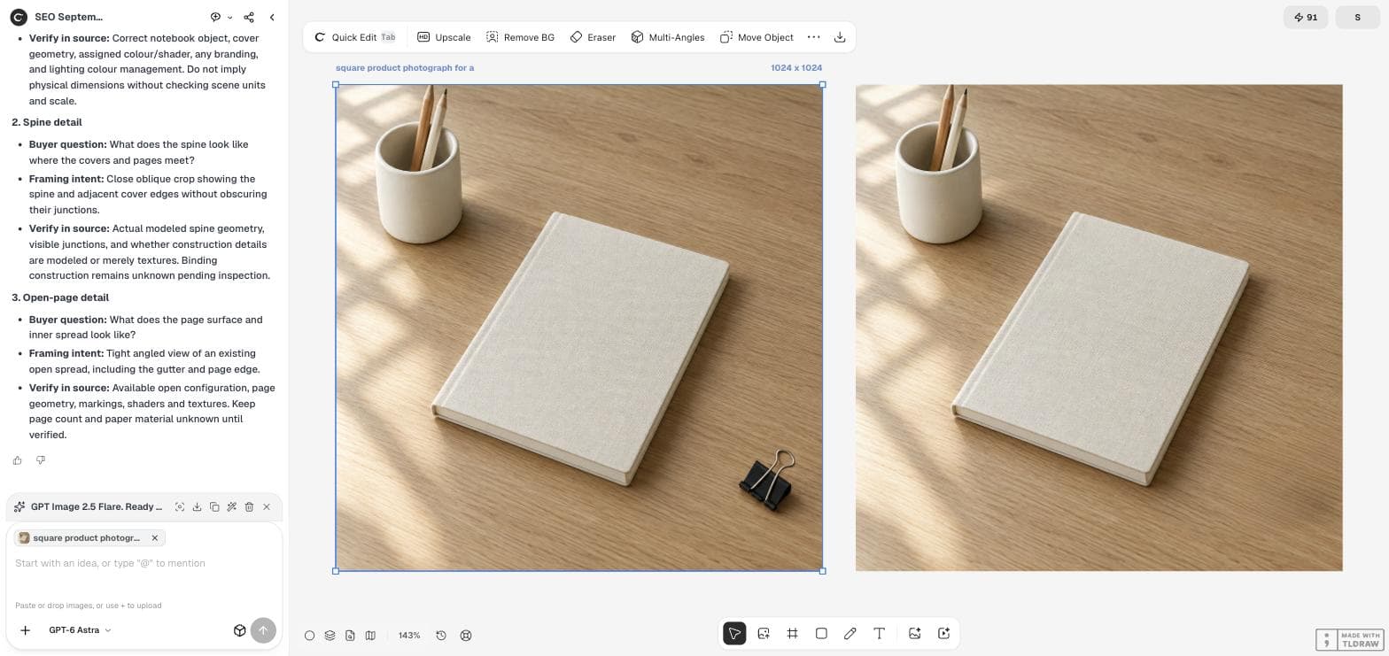 The Ciyo workspace with the original photo and its binder clip on the left and the erased version on the right