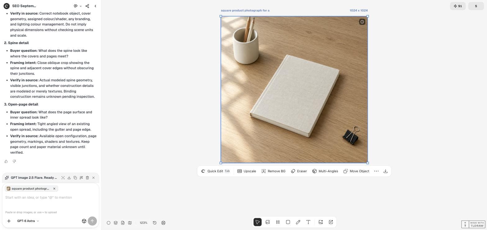 The Ciyo workspace with a notebook product photo selected on the canvas and the image toolbar showing Quick Edit, Upscale, Remove BG, Eraser, Multi-Angles and Move Object