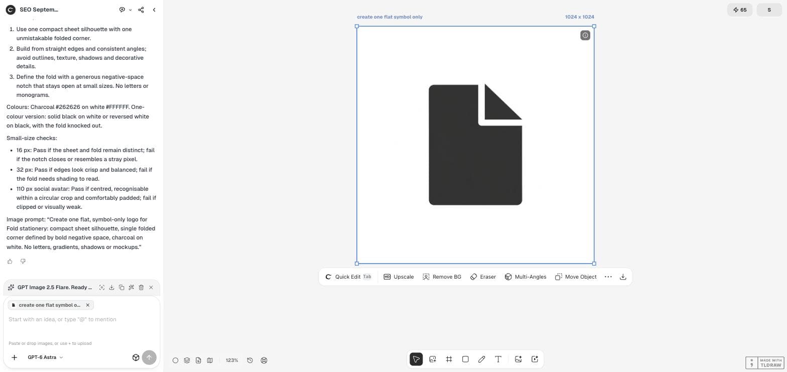 The generated charcoal folded-corner mark selected on the Ciyo canvas, with the brief still visible in the agent panel