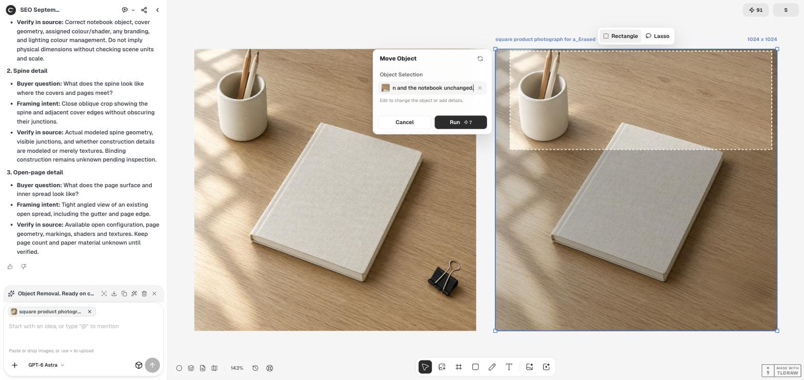 The Ciyo workspace with the Move Object panel, an instruction in the object field, and a dashed selection band across the top of the notebook photo