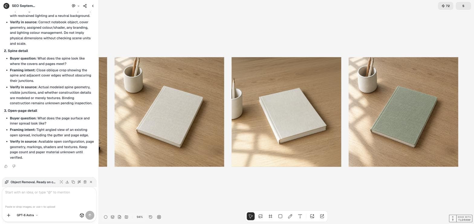 The Ciyo workspace with the ivory source photo on the left, a Multi-Angles view in the middle and the sage green Quick Edit result on the right