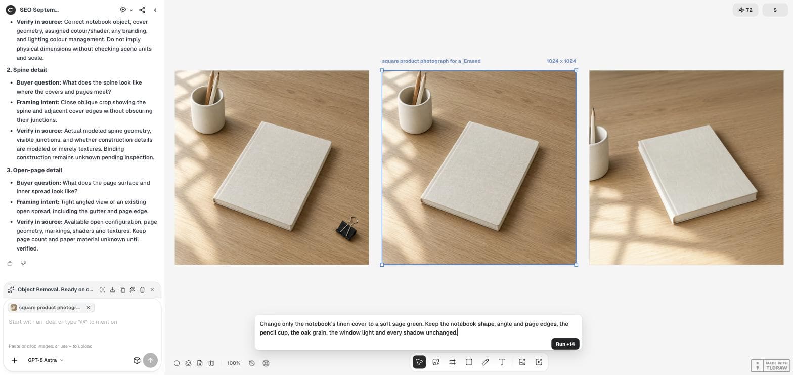 The Ciyo workspace with three notebook photos on the canvas, the middle one selected, and the Quick Edit text box and Run button below
