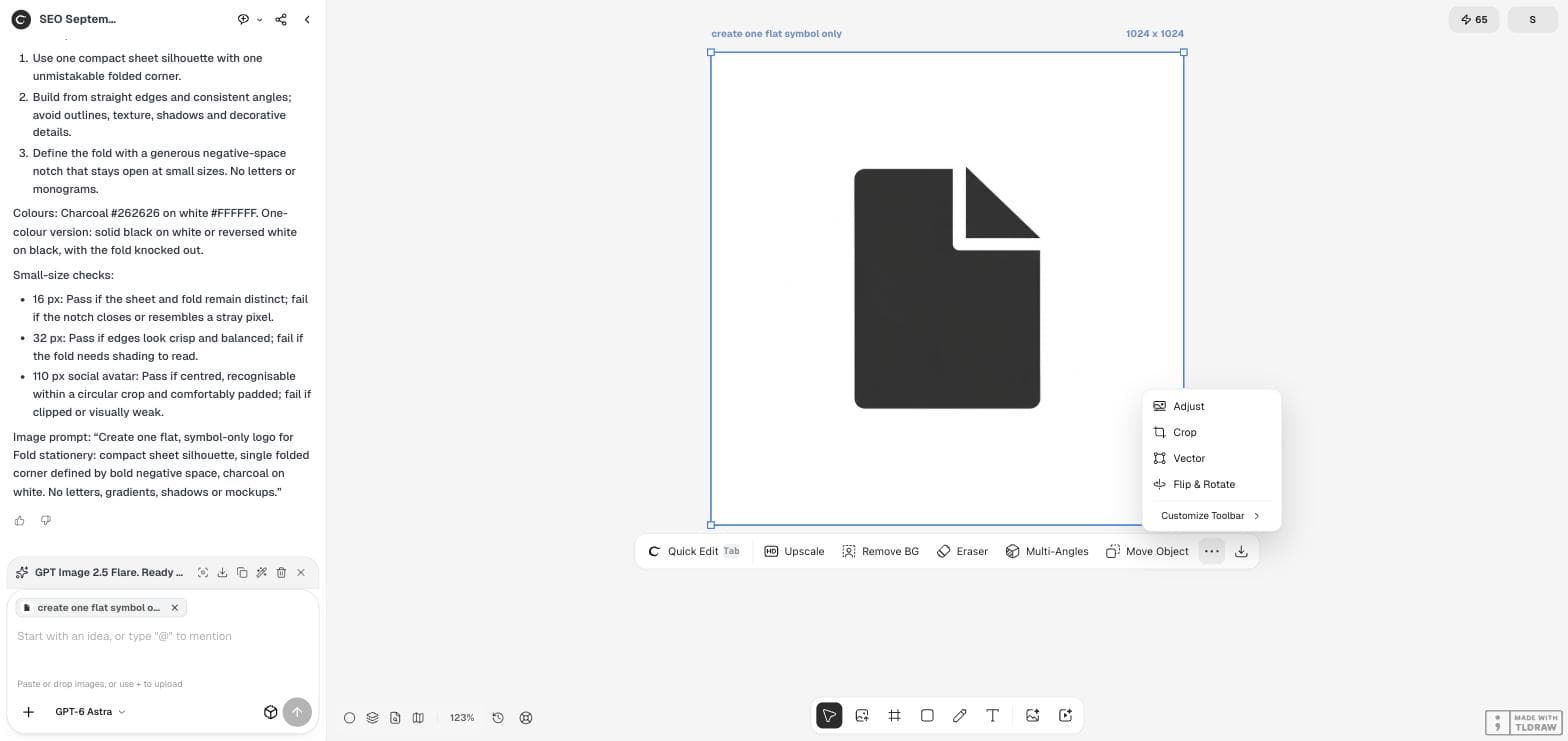 The Ciyo workspace with a logo image selected and the toolbar's more menu open, showing Adjust, Crop, Vector and Flip & Rotate